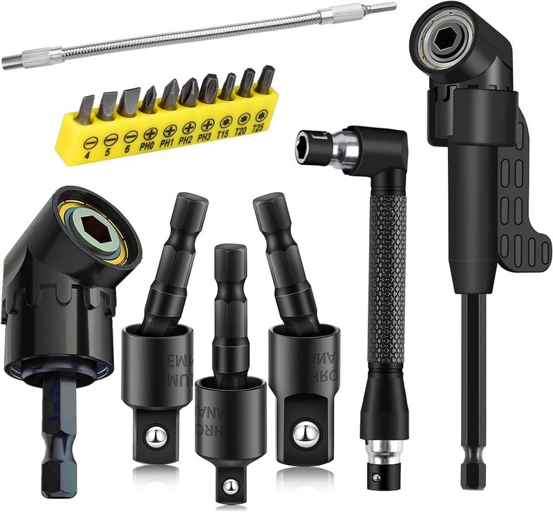 CIGOTU 17Pcs Tools Flexible Drill Bit Extension,Include 3Pcs Rotatable Socket Adapter 2Pcs Hex Shank 105° Right Angle Drill Attachment 10 Short Screwdriver Bits 90° Angled Bits & Bendable Drill Bit Extension - Image 1